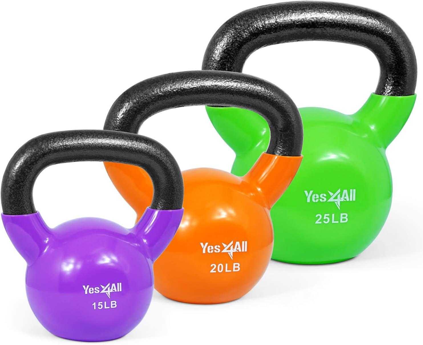 imageYes4All Kettlebell Vinyl Coated Kettlebell Cast Iron Sets with Stable Flat Bottom for Full Body Workout Push up Grip Strength Training ampamp Weights ExercisesMulticolor