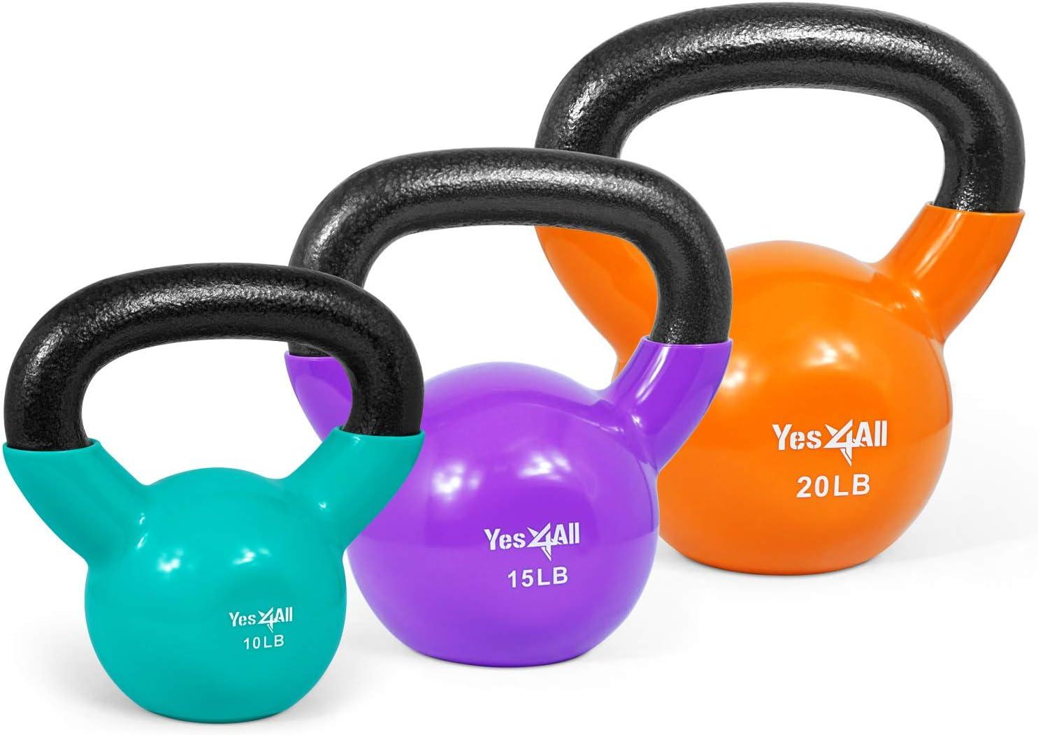 imageYes4All Kettlebell Vinyl Coated Kettlebell Cast Iron Sets with Stable Flat Bottom for Full Body Workout Push up Grip Strength Training ampamp Weights ExercisesMulticolor