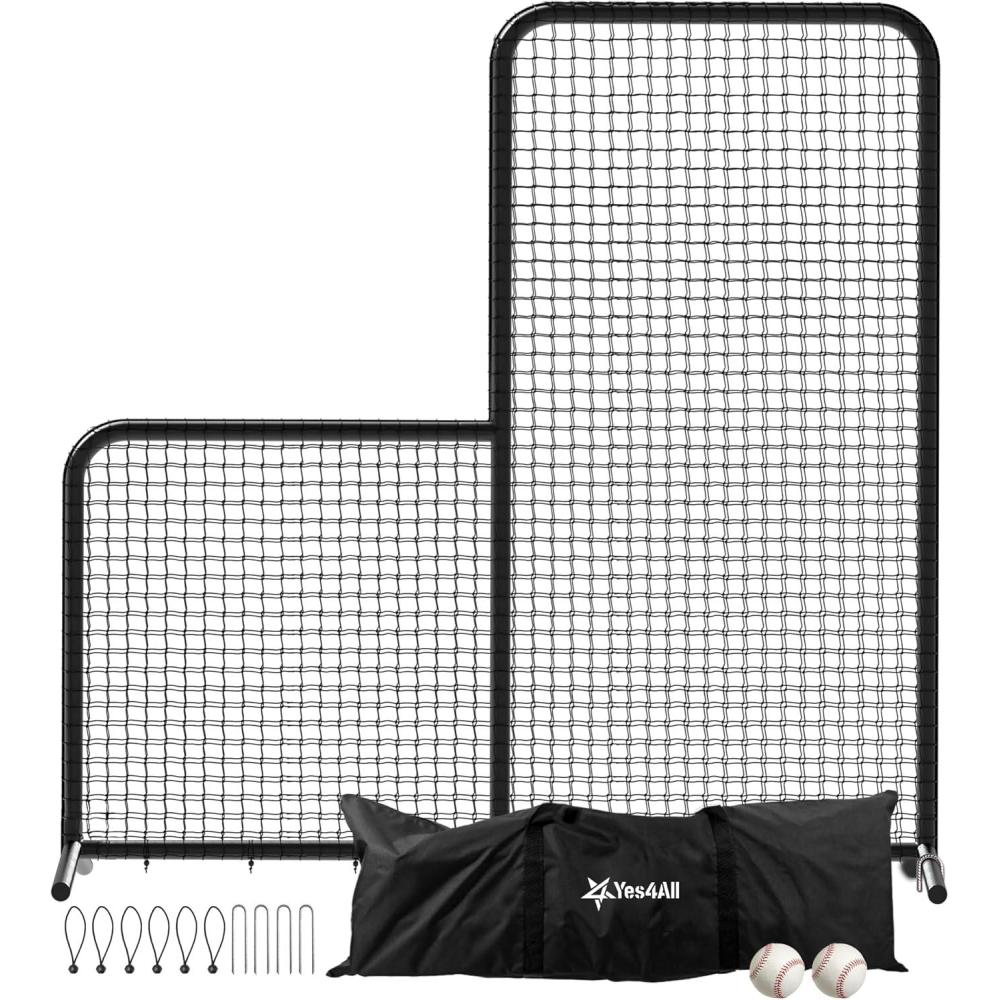 imagePortable LScreen Baseball 7x7ft with 2 Baseballs Rubber Wheels L Screen Baseball for Batting Cage Protective Pitching Screen Net Double Layers Carry Bag Included7x7 ft LScreen No Wheel