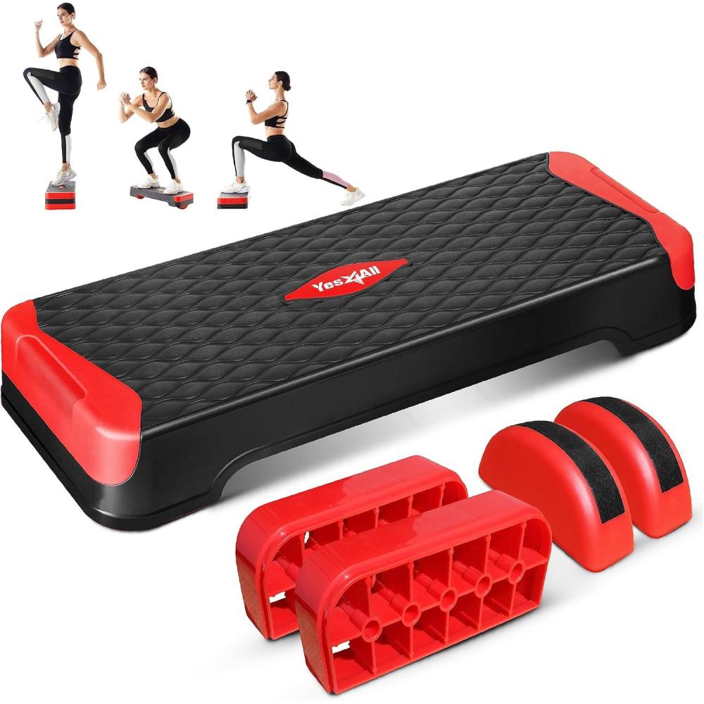 imageYes4All 2in1 Adjustable Aerobic Step Platform Fitness Exercise Stepper with Rocker Balance Board Legs for Home Workout Step Exercise ampamp Balance TrainingC Red