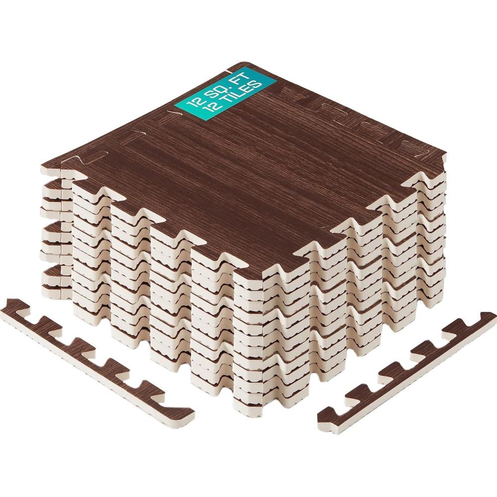 imageYes4All EVA Interlocking Mats Puzzle Floor Tiles Foam Floor Padding with Border for Furniture Home Space Living Room Garage 112232 SQFTD Walnut Wood Dark