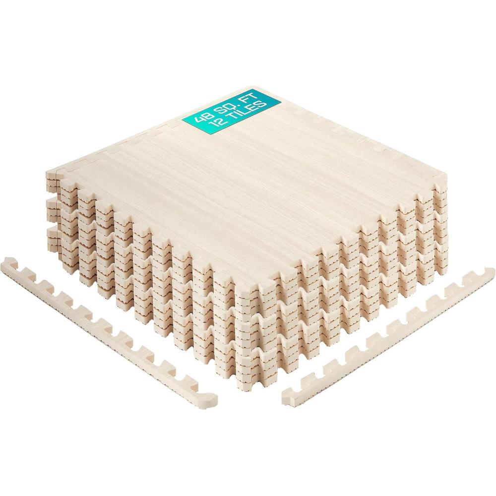 imageYes4All EVA Interlocking Mats Puzzle Floor Tiles Foam Floor Padding with Border for Furniture Home Space Living Room GarageI 48 Square Feet 12 Tiles  Light Walnut Wood