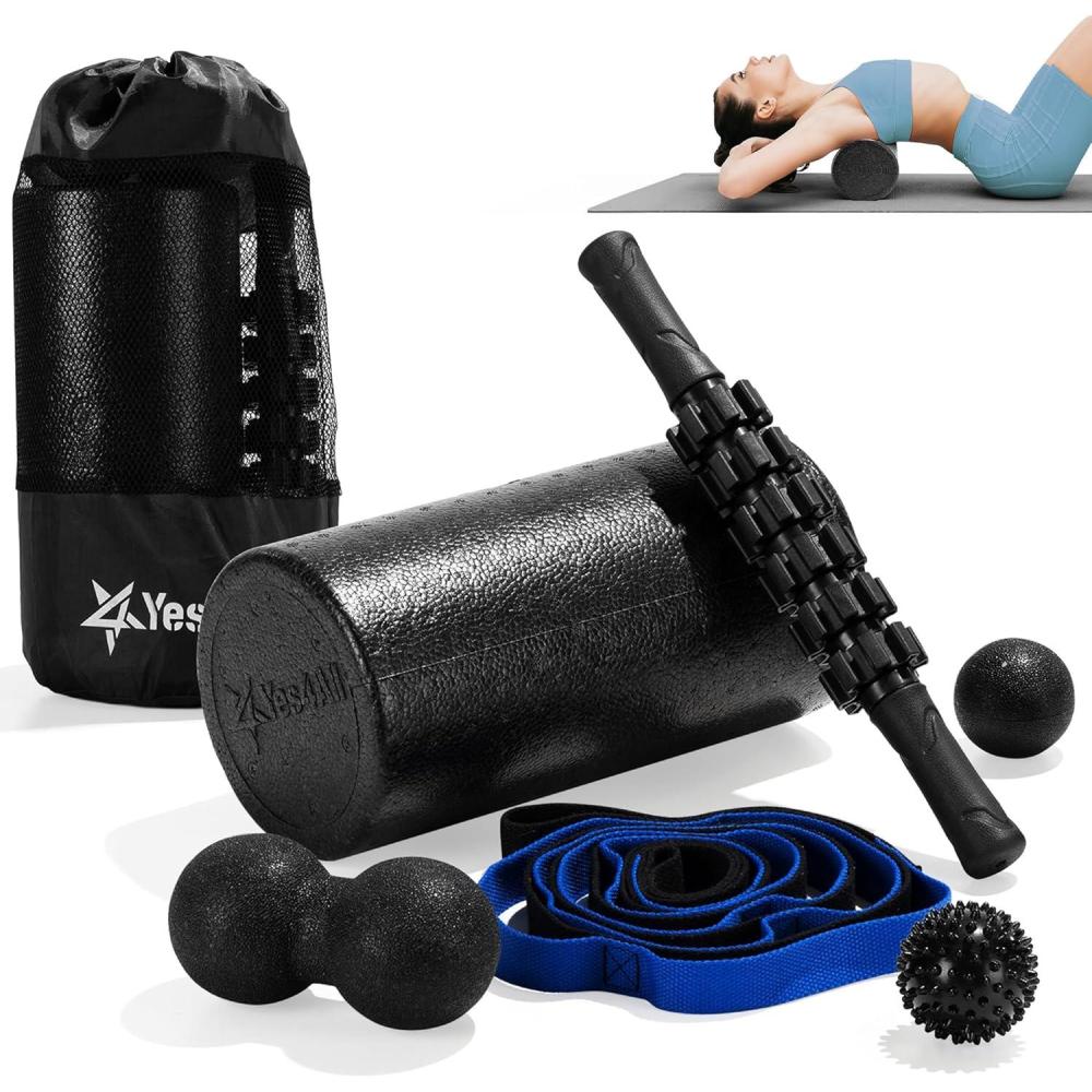 imageYes4All HighDensity EPP Round Back Roller Foam Exercise Foam Roller for Yoga Pilates ampamp Stretching  12 18 24 36 inchBlack  Set 7in1