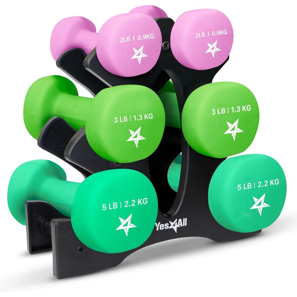 imageYes4All Neoprene Coated Dumbbell Hand Weight Sets of 2  Multiple Weight Options with 15 Colors Antiroll AntiSlip Hexagon ShapeA Multicolor  20lbs  Set with Rack