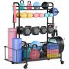 Yes4All Dumbbell Rack, Weight Rack for Home Gym, Sports Equipment Organizer for Dumbbells Kettlebells Yoga Mat Foam Roller and Balls, All in One Gym Workout Storage with Wheels and Hooks(Black w Basket)