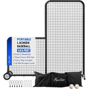Portable L-Screen Baseball 7x7ft with 2 Baseballs, Rubber Wheels – L Screen Baseball for Batting Cage, Protective Pitching Screen Net Double Layers, Carry Bag Included(6×6 ft L-Screen With Wheels)