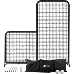 Portable L-Screen Baseball 7x7ft with 2 Baseballs, Rubber Wheels – L Screen Baseball for Batting Cage, Protective Pitching Screen Net Double Layers, Carry Bag Included(7×7 ft L-Screen No Wheel)