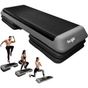 Yes4All Adjustable Workout Aerobic Exercise Step Platform Health Club Size with 4 Adjustable Risers Included and Extra Risers Options(B. Grey/Black)