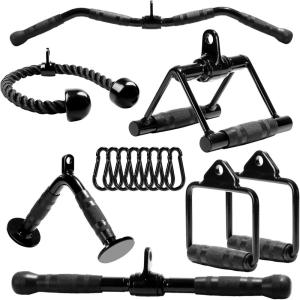 Yes4All Cable Machine Attachment, Row Handles, Tricep Rope, Straight Bar, V Bar, LAT Pulldown Accessories Load 880 LB for Home Gym(K.(Black) Cable Attachments Accessories Set with Curl Lat Pulldown Bar 30″)