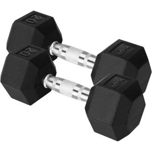 Yes4All Chrome/Rubber Grip Encased Hex Dumbbells – Hand Weights With Anti-Slip 10-30 LBS Pair(D. 20lbs – Pair)