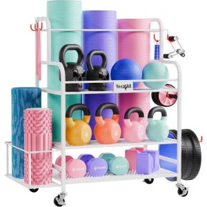 Yes4All Dumbbell Rack, Weight Rack for Home Gym, Sports Equipment Organizer for Dumbbells Kettlebells Yoga Mat Foam Roller and Balls, All in One Gym Workout Storage with Wheels and Hooks(White)