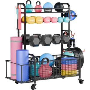 Yes4All Dumbbell Rack, Weight Rack for Home Gym, Sports Equipment Organizer for Dumbbells Kettlebells Yoga Mat Foam Roller and Balls, All in One Gym Workout Storage with Wheels and Hooks(Black w Basket)