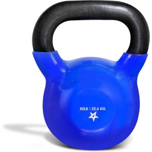 Yes4All Kettlebell, 5-100 LB Vinyl Coated Cast Iron Strength Training Kettlebells for Home Gym Exercises, Fitness, Full Body Workout Equipment, Push Ups, and Grip Strength(K. 50LB – Dark Blue)