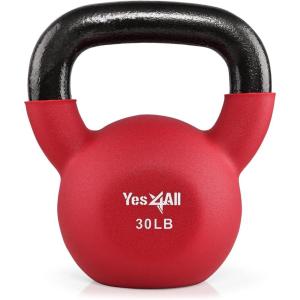 Yes4All Kettlebell, 5-65 LB Neoprene Coated Cast Iron Kettlebells, Wide Grip Handle & Flat Bottom for Swings, Squats, Deadlifts, Push Ups & Full Body Training at Home Gym – Single & Set(H. 30LB – Ruby)