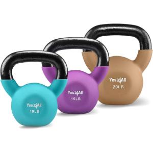 Yes4All Kettlebell, 5-65 LB Neoprene Coated Cast Iron Kettlebells, Wide Grip Handle & Flat Bottom for Swings, Squats, Deadlifts, Push Ups & Full Body Training at Home Gym – Single & Set(Q. 10lb + 15lb + 20lb)