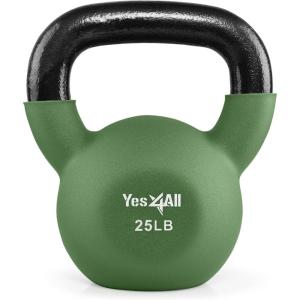 Yes4All Kettlebell, 5-65 LB Neoprene Coated Cast Iron Kettlebells, Wide Grip Handle & Flat Bottom for Swings, Squats, Deadlifts, Push Ups & Full Body Training at Home Gym – Single & Set(G. 25LB – Green Glimmer)