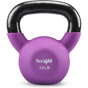 Yes4All Kettlebell, 5-65 LB Neoprene Coated Cast Iron Kettlebells, Wide Grip Handle & Flat Bottom for Swings, Squats, Deadlifts, Push Ups & Full Body Training at Home Gym – Single & Set(D. 15LB – Willowherb)
