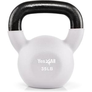 Yes4All Kettlebell, 5-65 LB Neoprene Coated Cast Iron Kettlebells, Wide Grip Handle & Flat Bottom for Swings, Squats, Deadlifts, Push Ups & Full Body Training at Home Gym – Single & Set(H. 35LB – Cloud Dancer)
