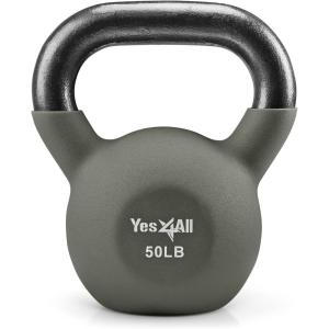 Yes4All Kettlebell, 5-65 LB Neoprene Coated Cast Iron Kettlebells, Wide Grip Handle & Flat Bottom for Swings, Squats, Deadlifts, Push Ups & Full Body Training at Home Gym – Single & Set(L. 50LB – Gunmetal)