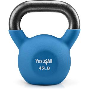 Yes4All Kettlebell, 5-65 LB Neoprene Coated Cast Iron Kettlebells, Wide Grip Handle & Flat Bottom for Swings, Squats, Deadlifts, Push Ups & Full Body Training at Home Gym – Single & Set(J. 45LB – Skydiver)