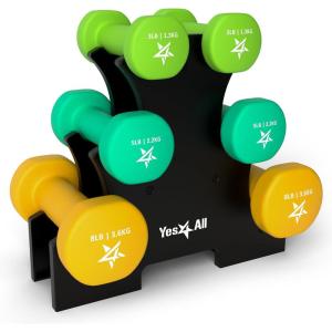 Yes4All Neoprene Coated Dumbbell Hand Weight Sets of 2 – Multiple Weight Options with 15 Colors, Anti-roll, Anti-Slip, Hexagon Shape(P. Multicolor – 33lbs – Set with Rack)
