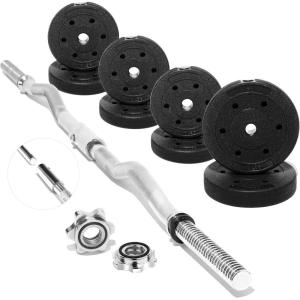 Yes4All Standard Straight Barbell 60″ & EZ Curl Bar 47″, Capacity 200 to 480 LB, Weight Bar 1″ to 2″ Diameter – Star Lock Collars, Rubber Ring, Barbell Spins Included for Deadlifts & Squats(I. Curl Bar 1″ Set 50LB)