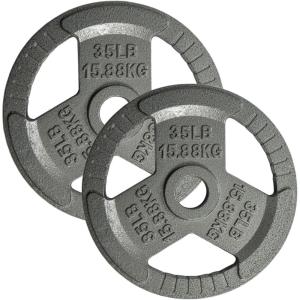 Yes4All Tri-Grip Handles Cast Iron Olympic Weight Plates, 2-Inch Weight Plates for Weight Lifting with Smooth and Durable Finish, Suitable for Strength Training Exercises (Single, Pair and Set)(I. 35LB (Pair – Gray))