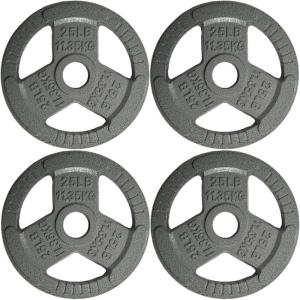 Yes4All Tri-Grip Handles Cast Iron Olympic Weight Plates, 2-Inch Weight Plates for Weight Lifting with Smooth and Durable Finish, Suitable for Strength Training Exercises (Single, Pair and Set)(M. 25LB (4pcs – Gray))
