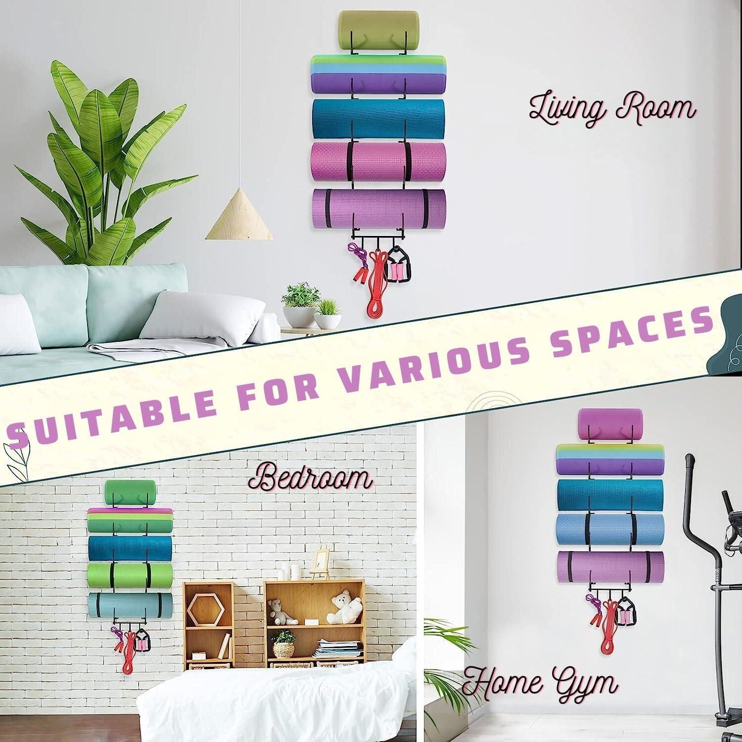 imageYes4All 3Tier and 5Tier Steel Yoga Mat Rack Organizer Wall Mount with 3 Hooks Foam Roller Holder Wall Mount Rack For Yoga Mat Storage Hanging Yoga Strap and Resistance Bands