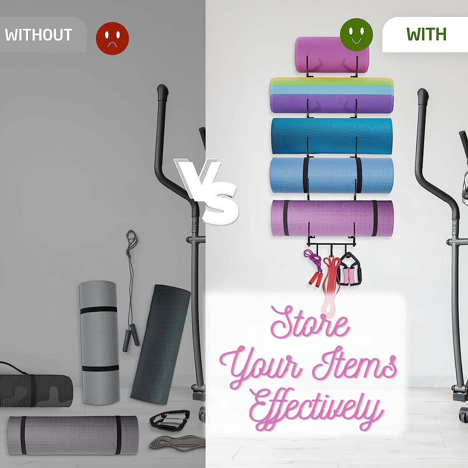 imageYes4All 3Tier and 5Tier Steel Yoga Mat Rack Organizer Wall Mount with 3 Hooks Foam Roller Holder Wall Mount Rack For Yoga Mat Storage Hanging Yoga Strap and Resistance Bands