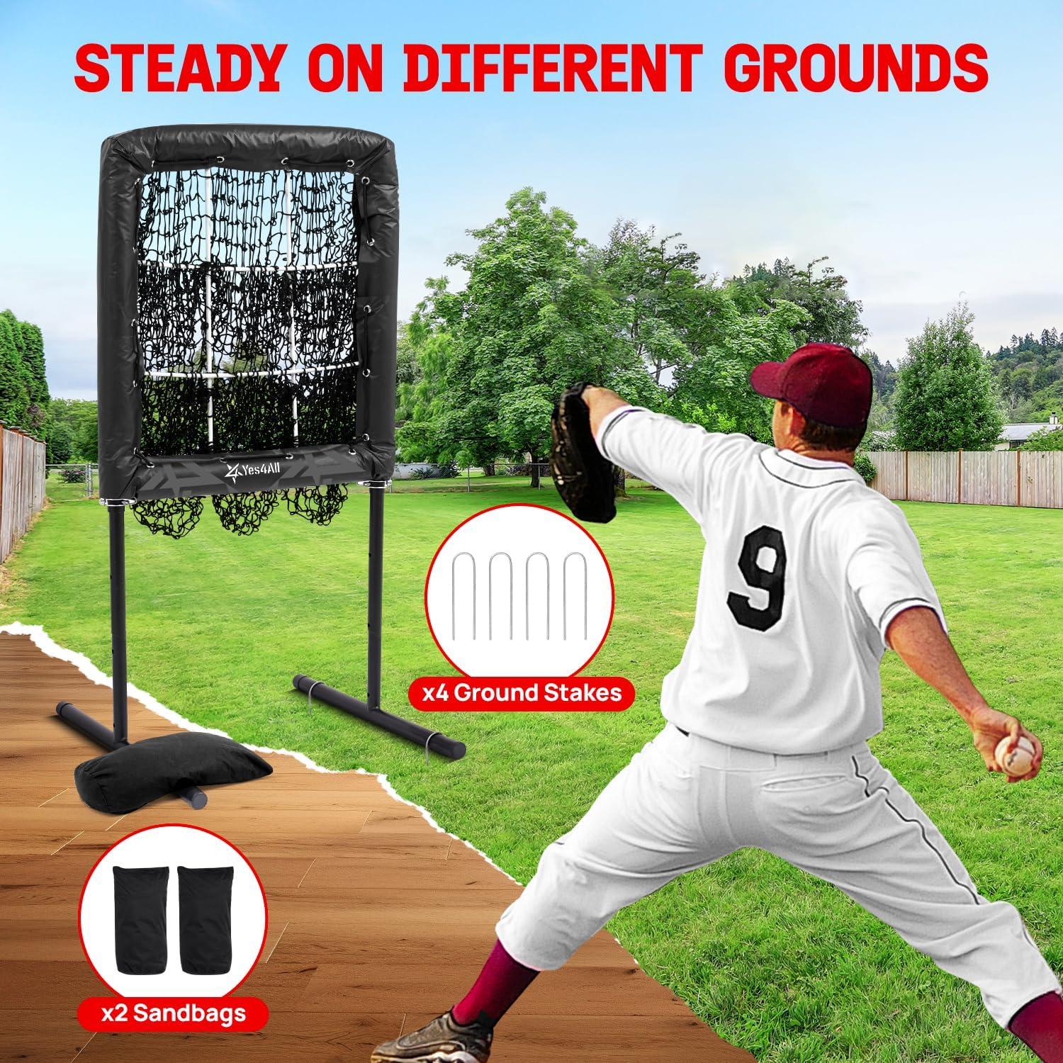 imageYes4All 9 Hole Pitching Net PreInstalled Pitching Target ampamp U Frame FoamPadded 4Height Adjustable Pitching Net with Strike Zone Upgraded Bungee Cord 2 Sandbags ampamp 4 Ground Stakes Included