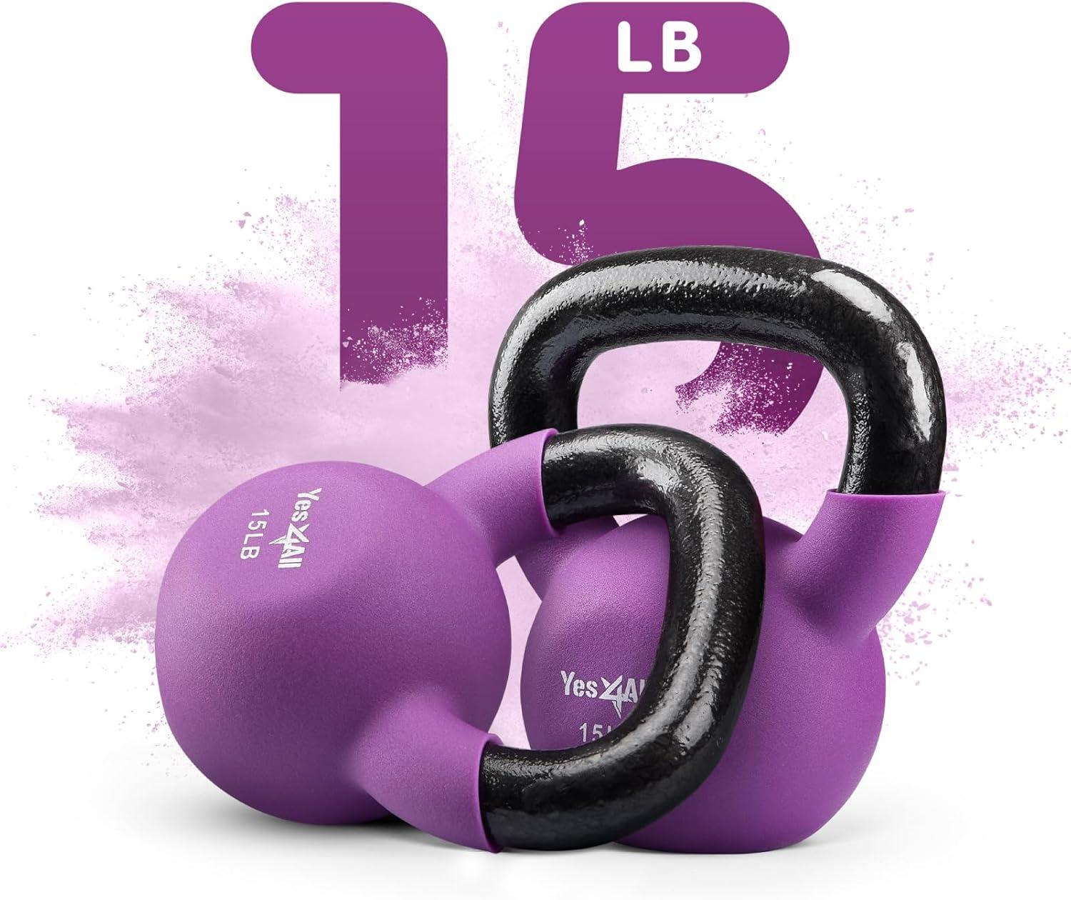 imageYes4All Kettlebell 5 10 ampamp 15 LB Neoprene Coated Cast Iron Kettlebells Wide Grip Handle ampamp Flat Bottom for Swings Squats Deadlifts Push Ups ampamp Full Body Training at Home Gym