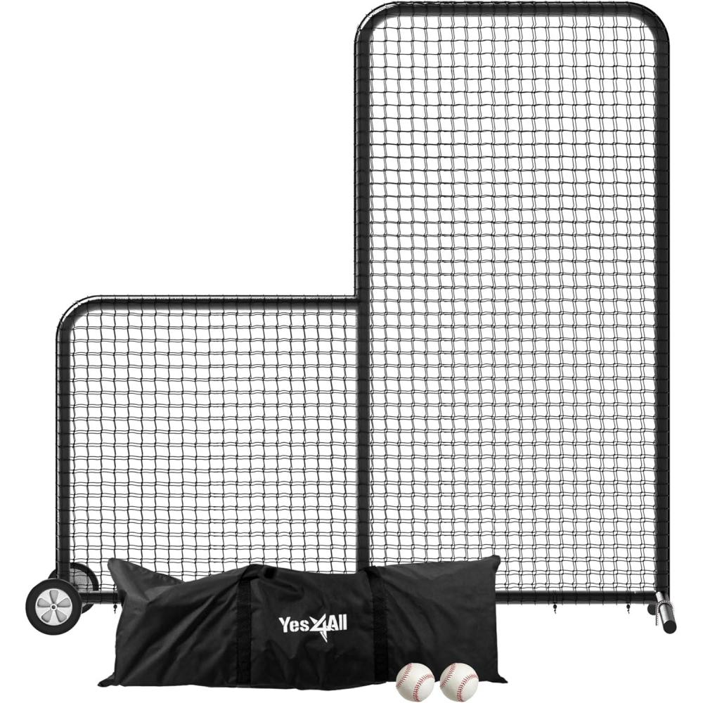 imageAnova L Screen Baseball Net for Batting and Pitching with 2 Basic Baseballs and Carry Bag Included Baseball ampamp Softball Screen 7x7ft with Wheels Pitching Net Black