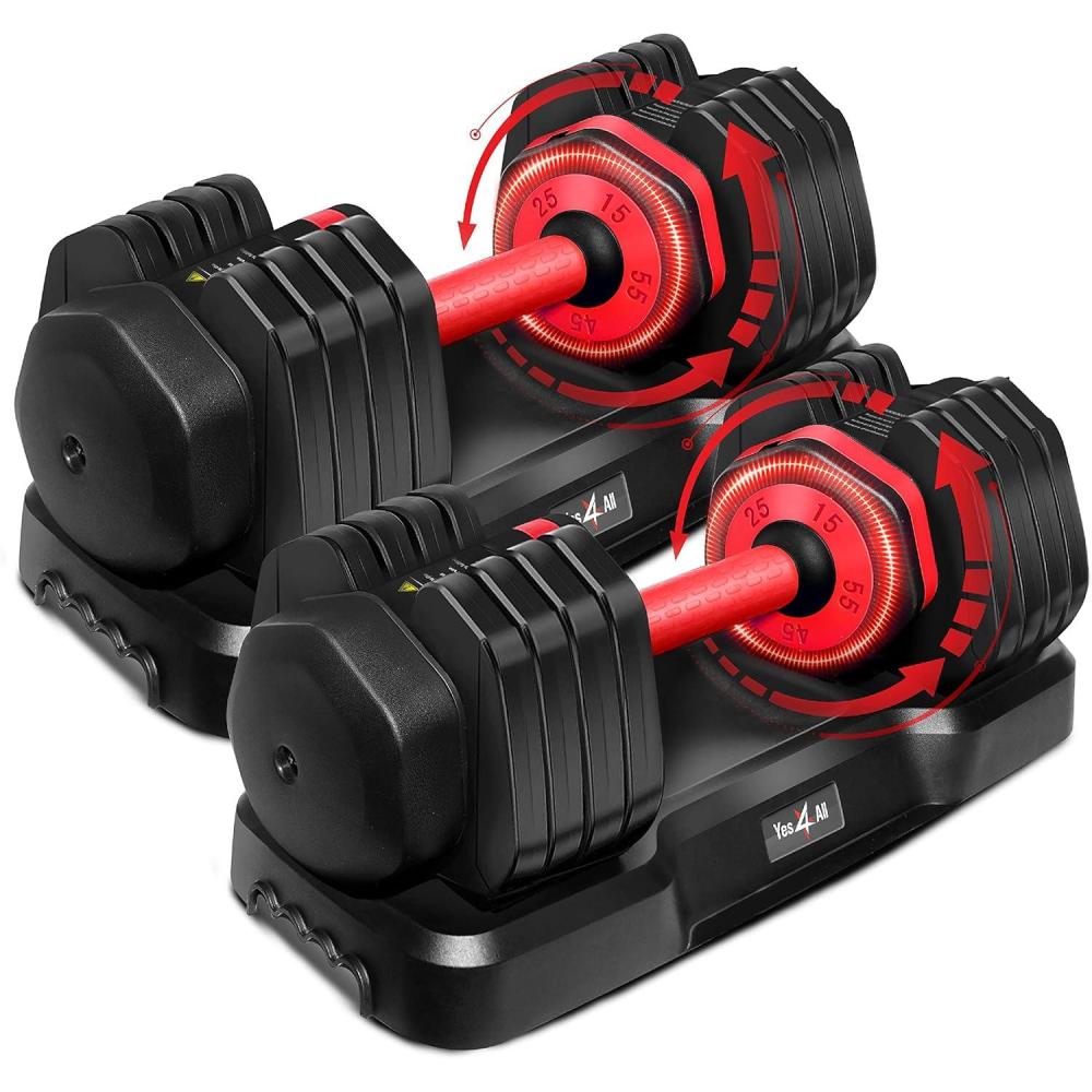 imageYes4All 2555LB Adjustable Dumbbells PairSingle 5in1 Dumbbells Adjustable Weights with AntiSlip Handle ampamp Sturdy Prolocks55LBS Pair Red Grip