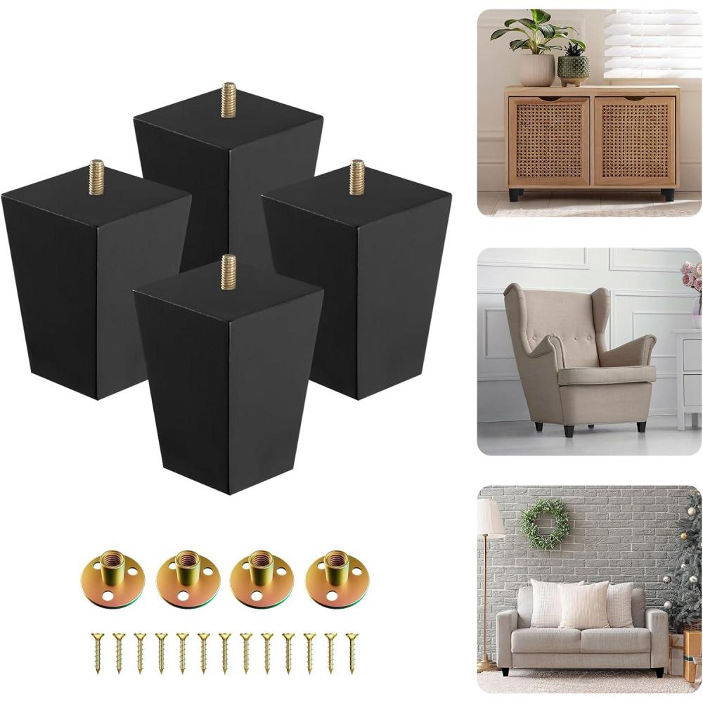 imageYes4All 6 Inches Square Wood Furniture Legs Set of 4  Wooden Replacement Feet for Couch Bed Bench  Adjustable Sofa Ottomans Tapered Leg with Leveler  Brown Rubber Wood Parts for Table ChairSquare Black