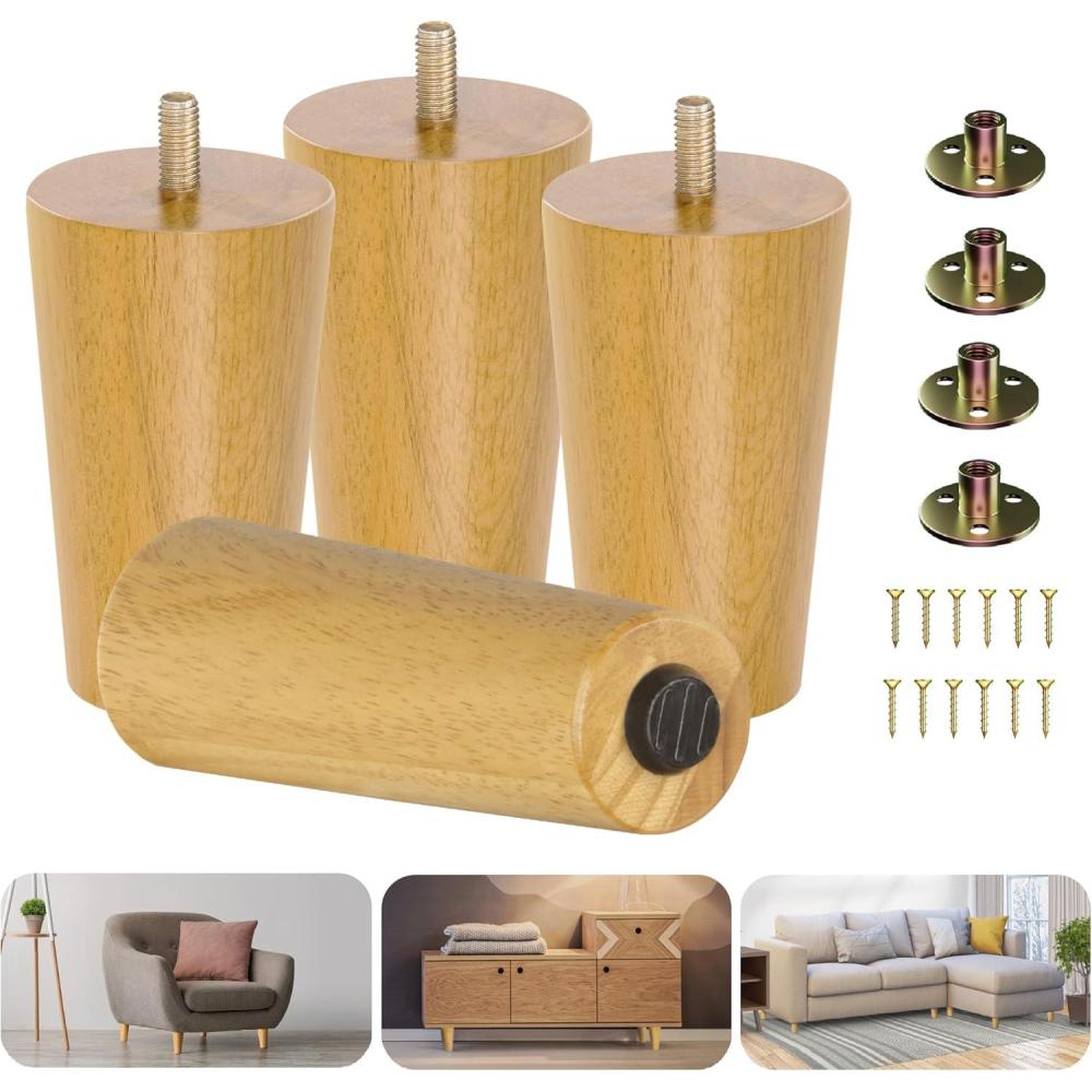 imageYes4All 6 Inches Square Wood Furniture Legs Set of 4  Wooden Replacement Feet for Couch Bed Bench  Adjustable Sofa Ottomans Tapered Leg with Leveler  Brown Rubber Wood Parts for Table ChairRound Natural