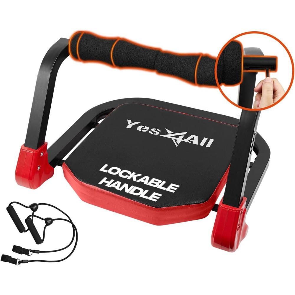imageYes4All Ab Crunch Machine For Total Body ampamp Core Abdominal Situp Lockable With Ergonomic Foam Handle ampamp 2 Resistance BandsRed Black