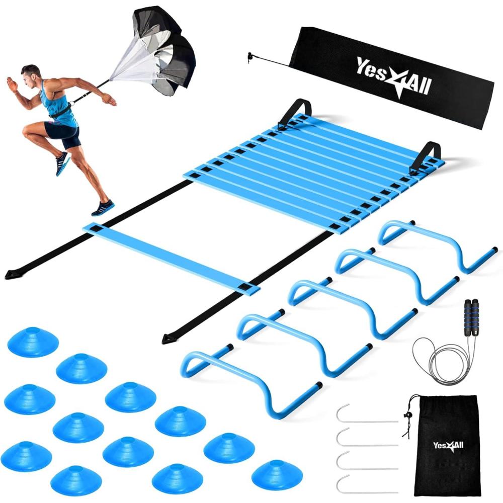 imageYes4All Agility Ladder Speed Training Equipment Set 1 Adjustable Agility Ladder 12 Soccer Cones 5 Hurdles Jump Rope Running Parachute Speed ampamp Agility Training Equipment for All AgesC Set Blue with Jump Rope