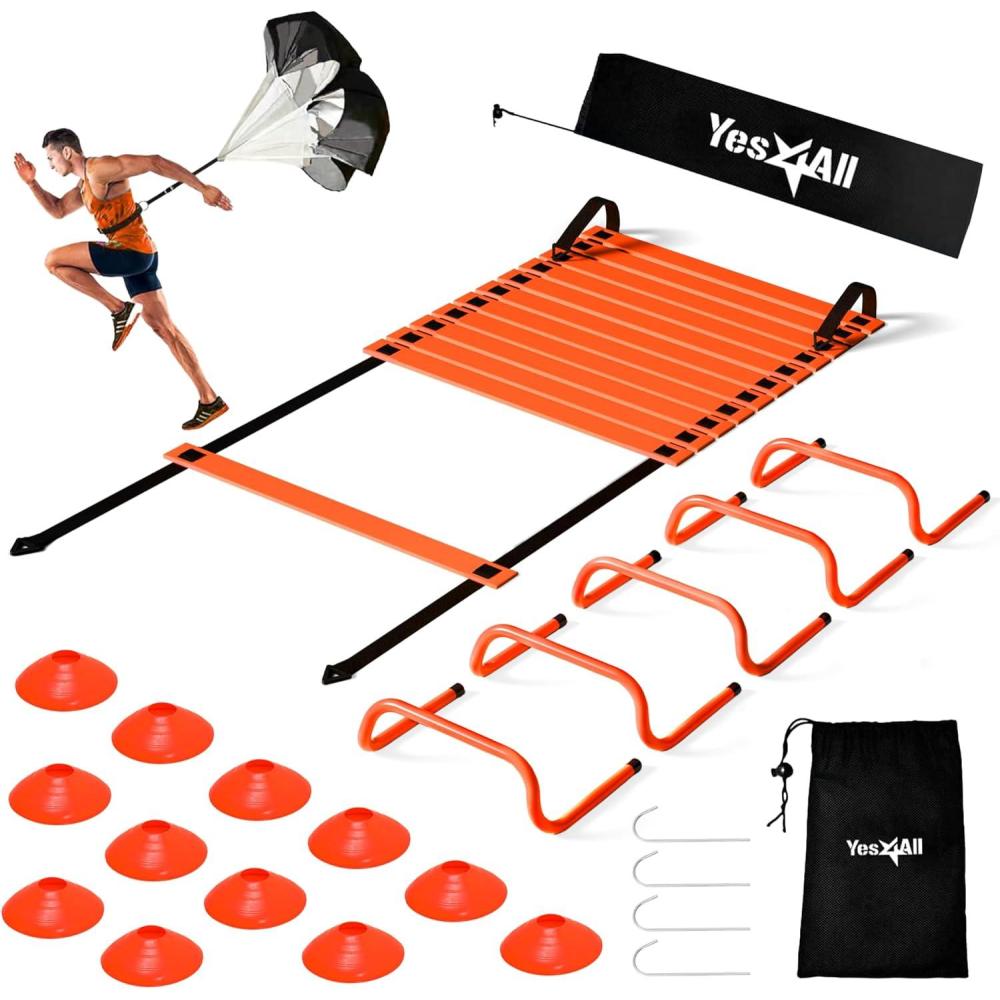 imageYes4All Agility Ladder Speed Training Equipment Set 1 Adjustable Agility Ladder 12 Soccer Cones 5 Hurdles Jump Rope Running Parachute Speed ampamp Agility Training Equipment for All AgesB Set Orange