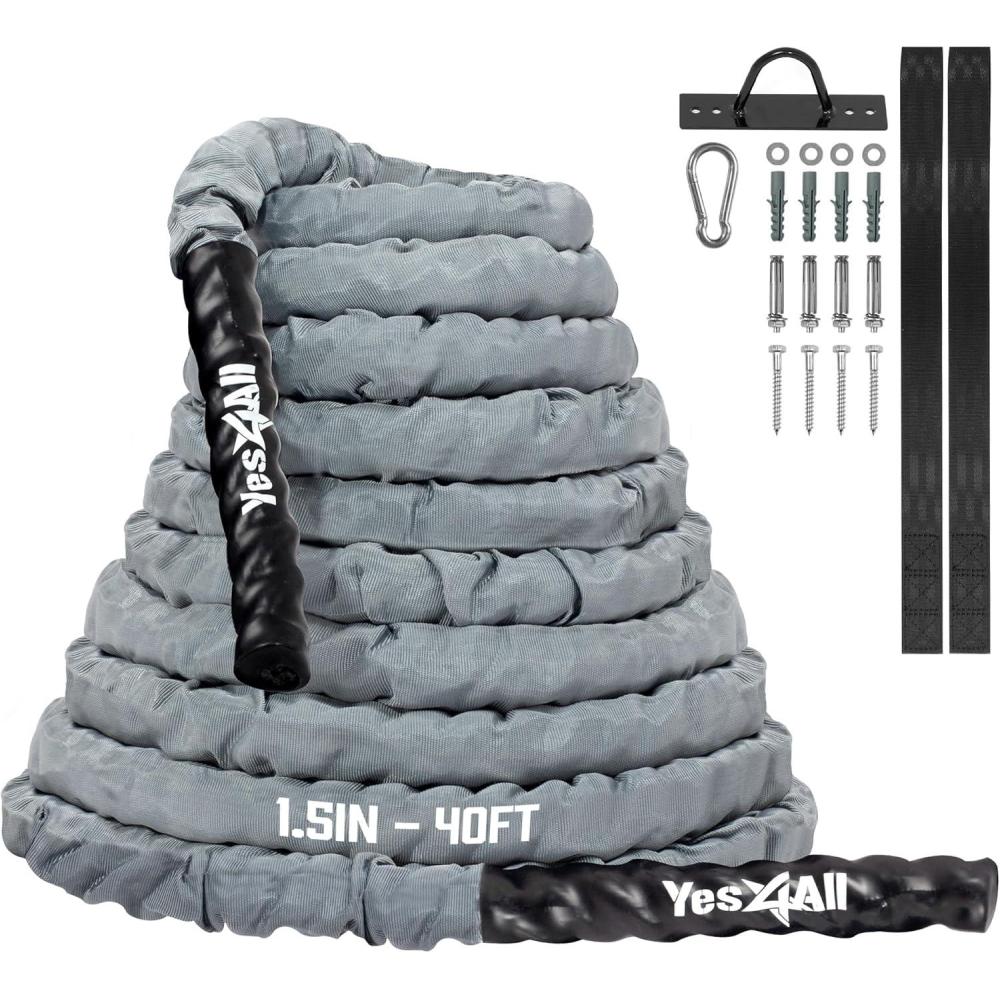 imageYes4All Battle Ropes Workout Rope with Cover Steel Anchor ampamp Strap Included Heavy Ropes for Exercise Training  152 Inch Diameter 30 40 50 Ft Length15in  40ft