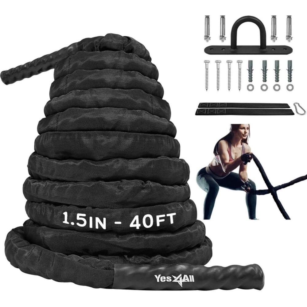 imageYes4All Battle Ropes Workout Rope with Cover Steel Anchor ampamp Strap Included Heavy Ropes for Exercise Training 152 Inch Diameter 30 40 50 Ft LengthGrey 15in 40ft