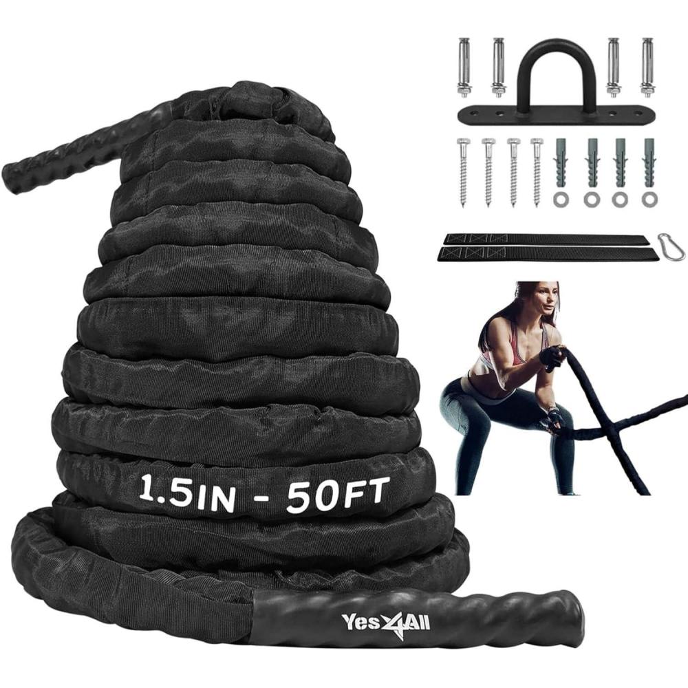 imageYes4All Battle Ropes Workout Rope with Cover Steel Anchor ampamp Strap Included Heavy Ropes for Exercise Training  152 Inch Diameter 30 40 50 Ft Length15in  50ft