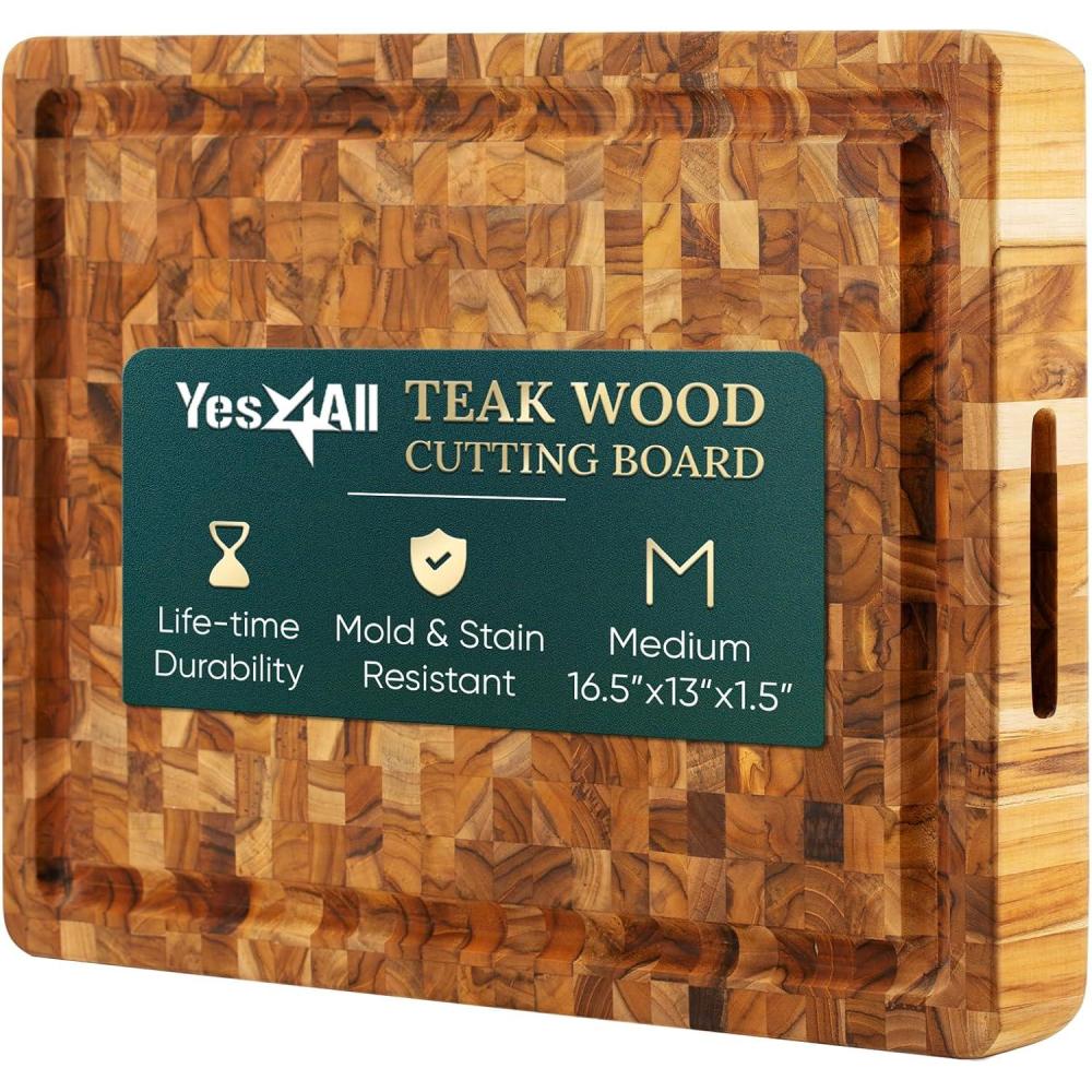 imageYes4All Durable Teak Cutting Boards for Kitchen 17L x 13W x 15 Thick Medium End Grain Cutting Board Pre Oiled Wood Cutting Boards Thick Chopping Board wJuice Grooves and Easy Grip Handle