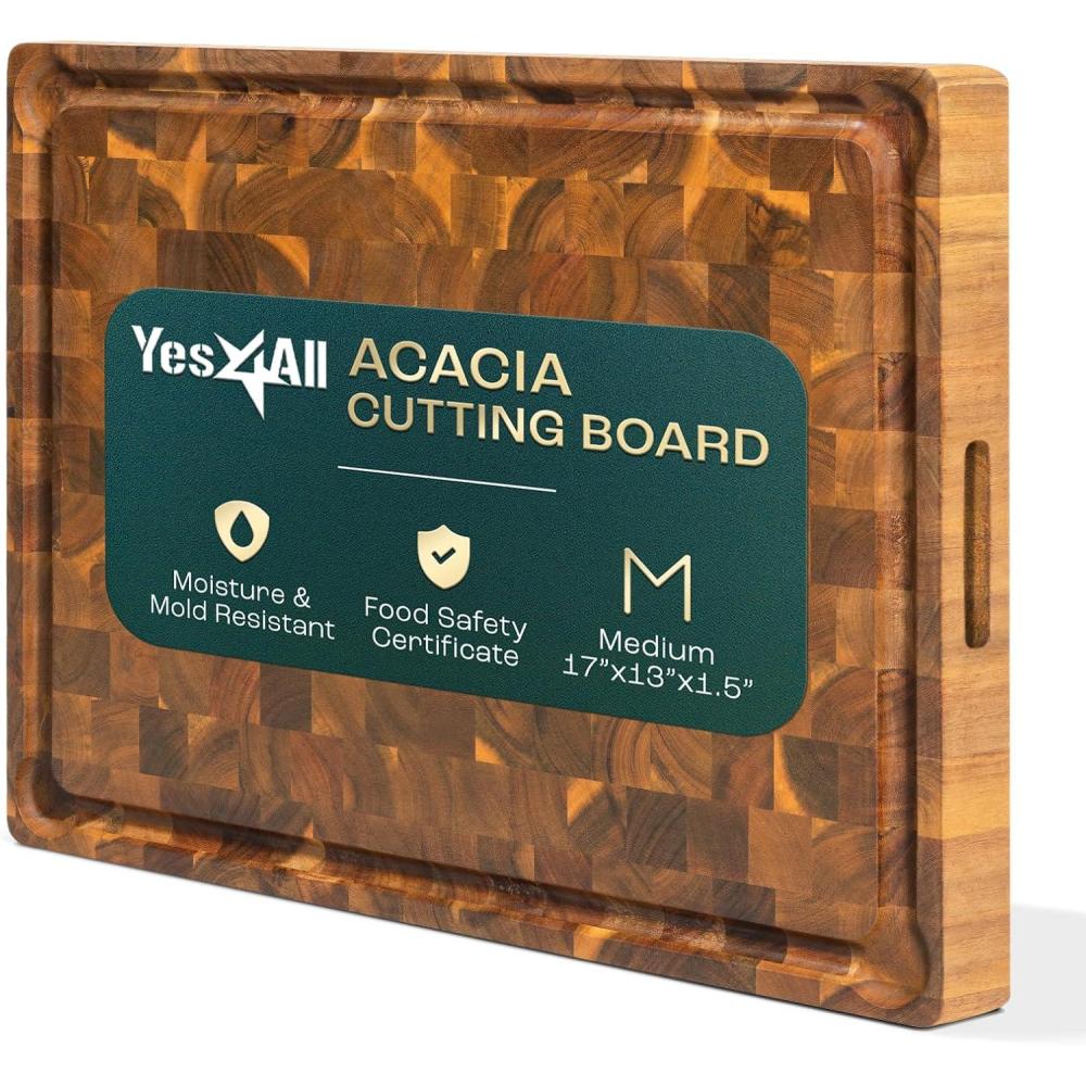 imageYes4All Durable Teak Cutting Boards for Kitchen 20L x 15W x 15 Thick Large End Grain Cutting Board Pre Oiled Wood Cutting Boards Thick Chopping Board wJuice Grooves and Easy Grip HandleAcacia