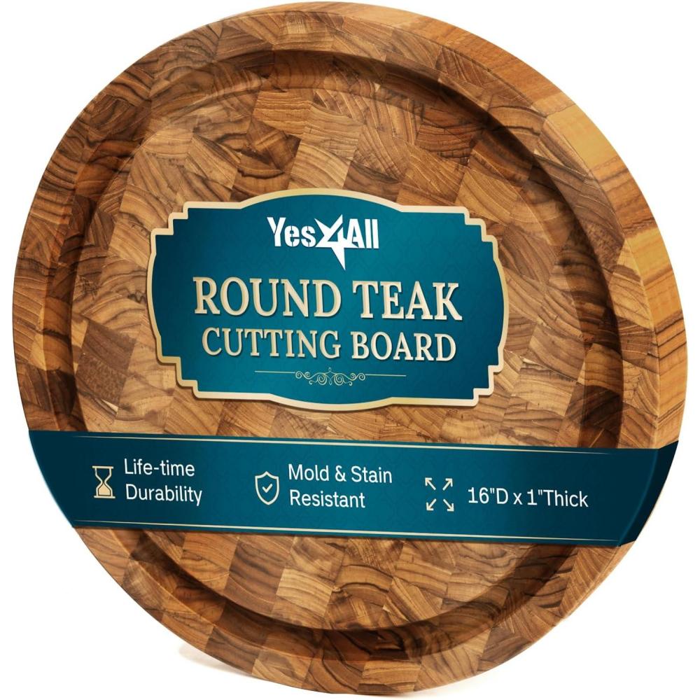 imageYes4All Durable Teak Cutting Boards for Kitchen165L x 13W x 15Thick Medium Edge Grain Cutting Board Pre Oiled Wood Cutting Boards Thick Chopping Board wJuice Grooves and Easy Grip HandleTeak