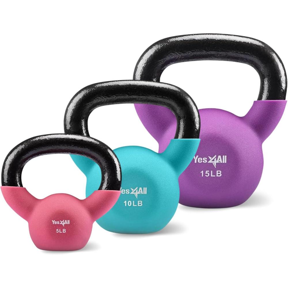 imageYes4All Kettlebell 5 10 ampamp 15 LB Neoprene Coated Cast Iron Kettlebells Wide Grip Handle ampamp Flat Bottom for Swings Squats Deadlifts Push Ups ampamp Full Body Training at Home Gym