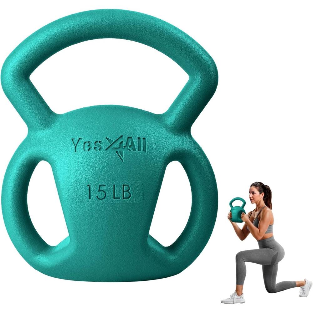 imageYes4All Kettlebell Strength Training Kettlebells for Women Wide Multigrip Textured Handle for Home Gym Exercises ampamp Full Body Workout Single 525 lb ampamp Set of 1015 lbC 15LB  Green
