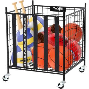 YES4ALL Rolling Ball Cart Storage with Lockable Wheels Volleyball Basketball Holder, Toy Balls Bin, Garage Cage, Storage Racks, Sports Equipment Organizer, Ball Rack for Outdoor Indoor Use(Ball Storage)