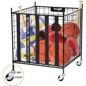 YES4ALL Rolling Ball Cart Volleyball Basketball Holder, Toy Balls Bin for Garage Cage, Storage Racks with Lockable Wheels, Sports Equipment Organizer, Ball Rack for Outdoor Indoor Use