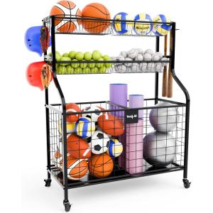 YES4ALL Sports Equipment Garage Organizer, Garage Ball Storage, Ball Cart, Ball Rack, Garage Organizer for Garage with Basket and Hooks, Rolling Sports Ball Storage Cart for Indoor/Outdoor Use, Steel